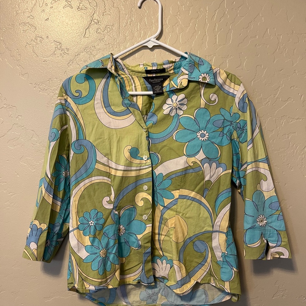 Van Heusen Women's Floral Button-Down Shirt - Green and Blue